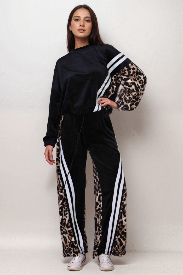Oversized Σετ Φόρμα Βελουτέ Με Ρίγες Μπλούζα Και Παντελόνι Animal Print - Image 6