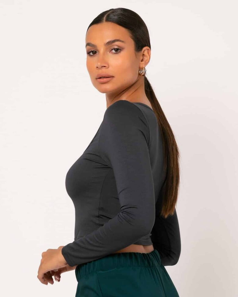 Μπλούζα Crop Top Μακρυμάνικη Με Ανοιχτή Λαιμόκοψη - Image 2