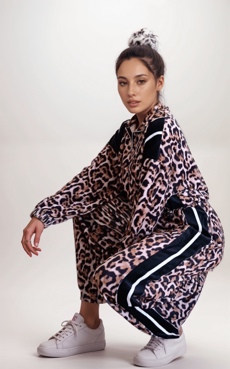 Oversized Σετ Φόρμα Βελουτέ Animal Print Leopar - Image 4