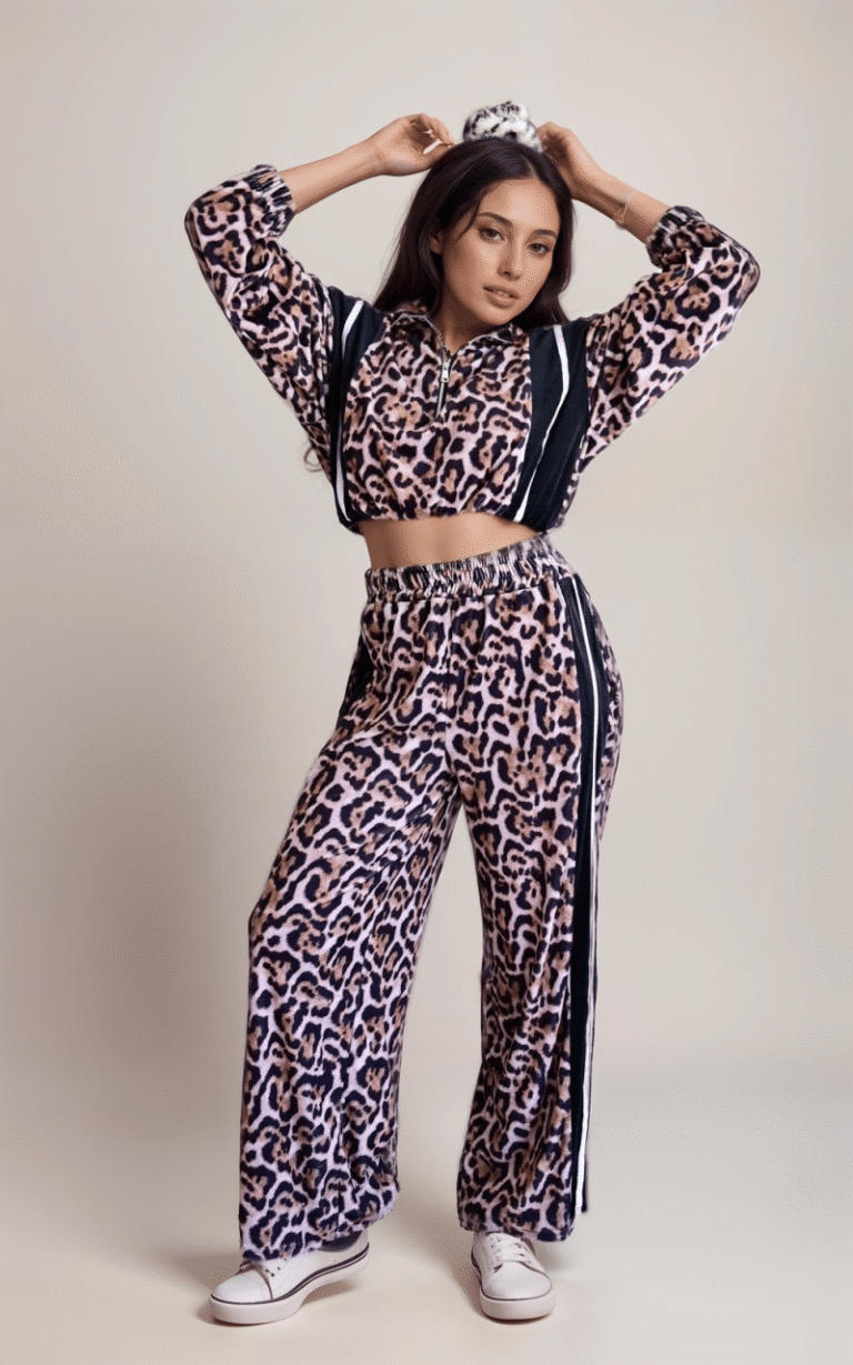 Oversized Σετ Φόρμα Βελουτέ Animal Print Leopar - Image 3