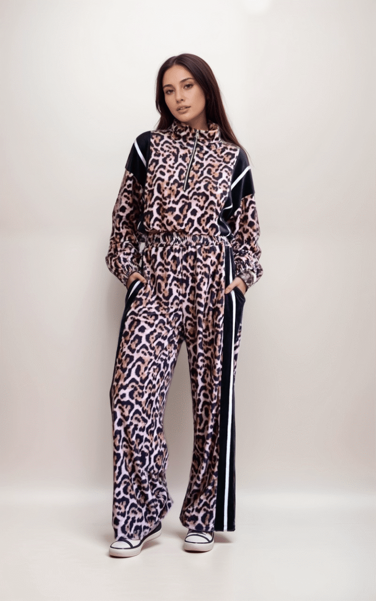 Oversized Σετ Φόρμα Βελουτέ Animal Print Leopar - Image 1