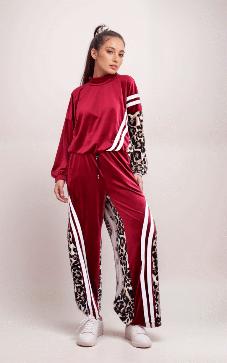 Oversized Σετ Φόρμα Βελουτέ Με Ρίγες Μπλούζα Και Παντελόνι Animal Print - Image 2