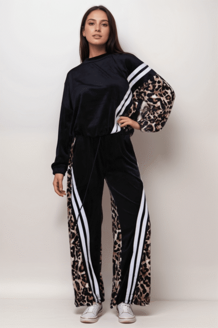 Oversized Σετ Φόρμα Βελουτέ Με Ρίγες Μπλούζα Και Παντελόνι Animal Print