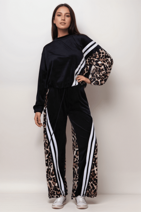 Oversized Σετ Φόρμα Βελουτέ Με Ρίγες Μπλούζα Και Παντελόνι Animal Print