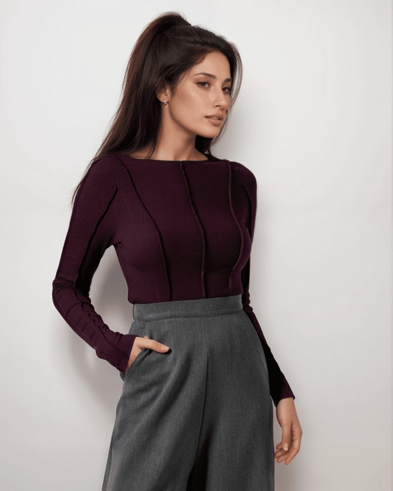 Μπλούζα Crop Top Μακρυμάνικη Σε Ριπ Με Εξωτερικές Ραφές - Image 1