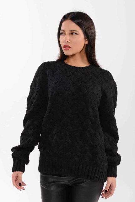 Γυναικείο πουλόβερ με σχέδιο πλεξούδα μαύρο χρώμα - πλεκτή μπλούζα - misslime.gr