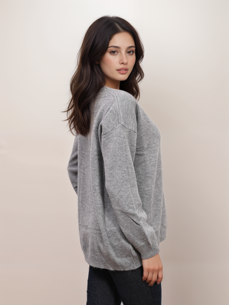 8216-14_X-Design Πλεκτή Μπλούζα Oversized V Με Lurex - Image 2