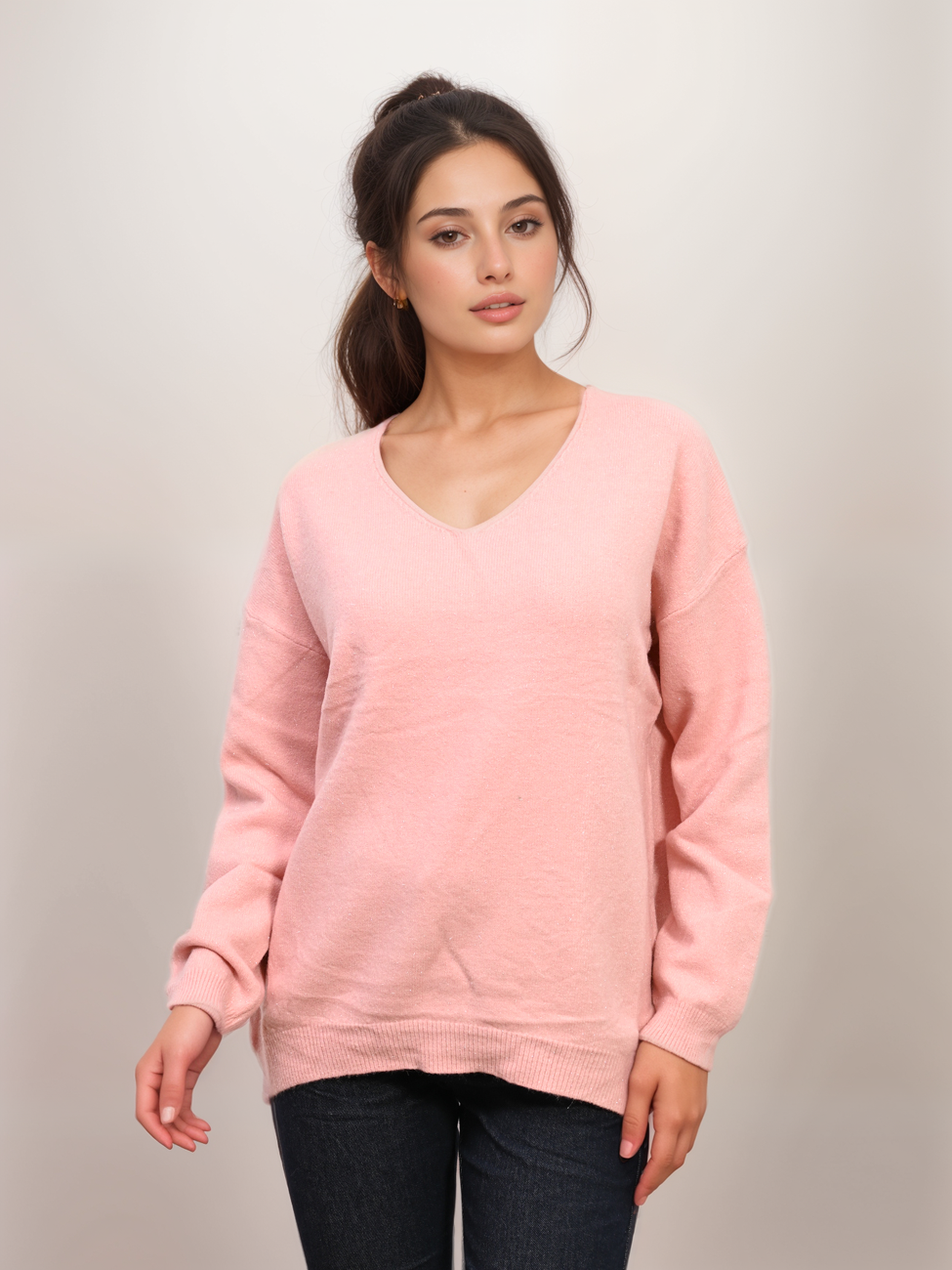 8216-16_X-Design Πλεκτή Μπλούζα Oversized V Με Lurex - Image 1