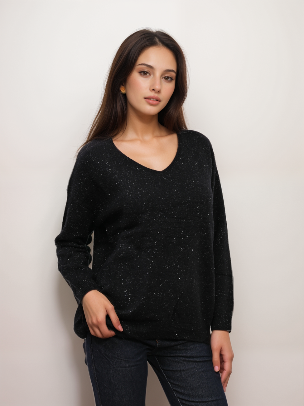 8216-21_X-Design Πλεκτή Μπλούζα Oversized V Με Lurex - Image 5