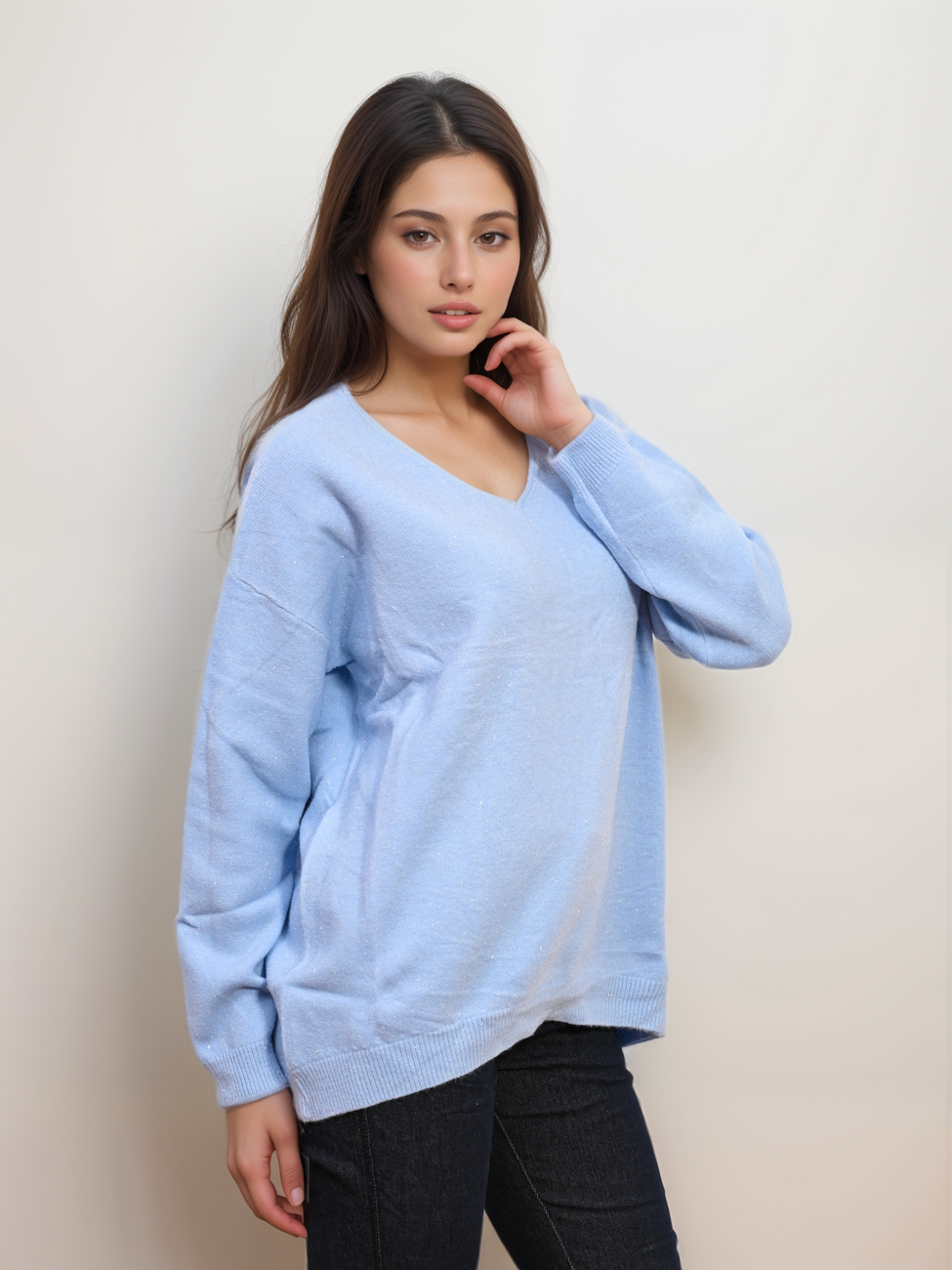 8216-25_X-Design Πλεκτή Μπλούζα Oversized V Με Lurex - Image 8