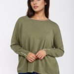 Γυναικείο πλεκτό με πέρλες σε χακί χρώμα μπροστινή όψη - misslime.gr