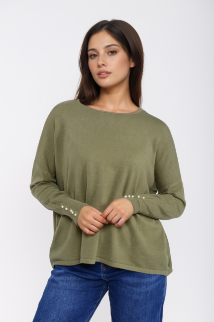 Γυναικείο πλεκτό με πέρλες σε χακί χρώμα μπροστινή όψη - misslime.gr